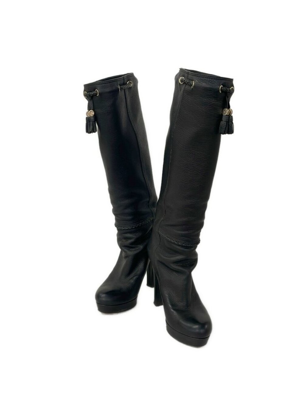 Gucci Long Boots 37.5 Black Tassel Leather - Picture 2 of 7